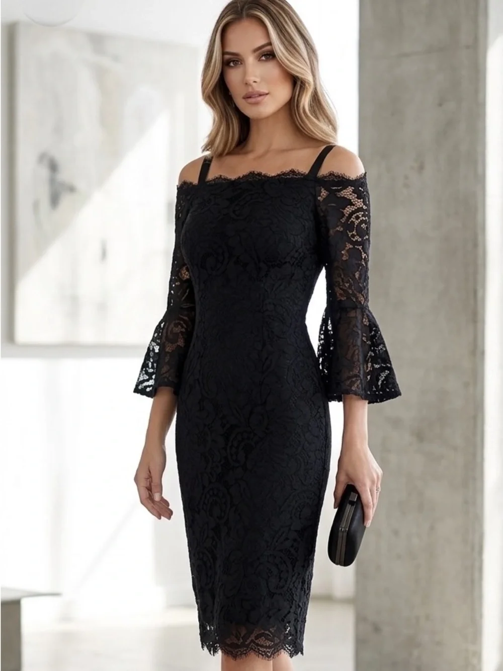 Adrianna Papell Black Lace Off The Shoulder Bell Sleeve Sheath Dress Size 6
